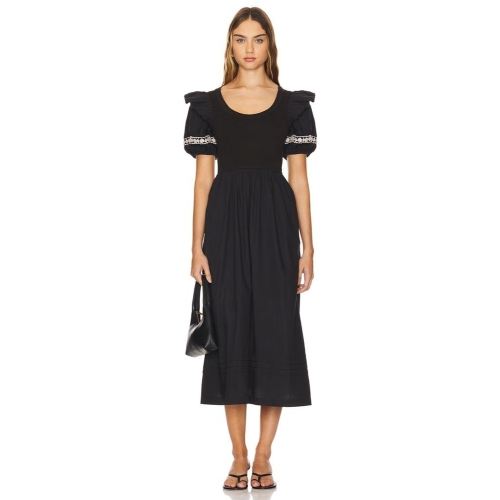 NWT!! CLEOBELLA Selma Midi Dress Embroidered Black Ruffle Puff Sleeves X-Small